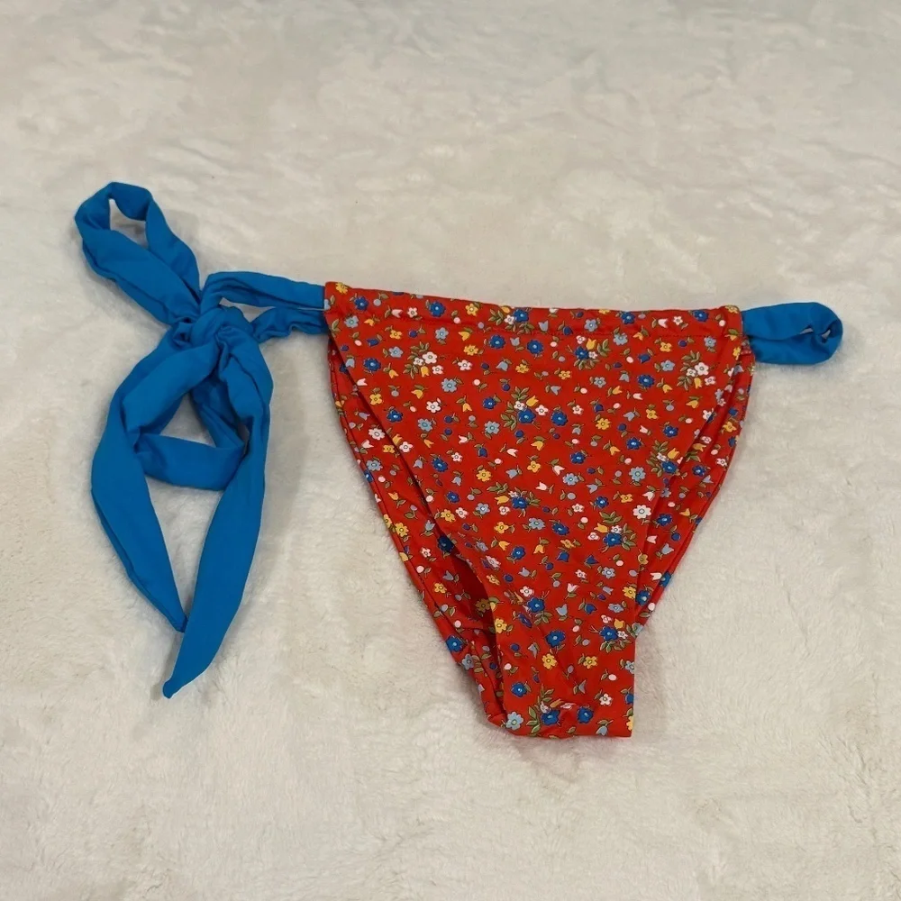 New! Frankies Bikinis Kealy Tie Side Cheeky Bikini Bottom Red Blue 31551